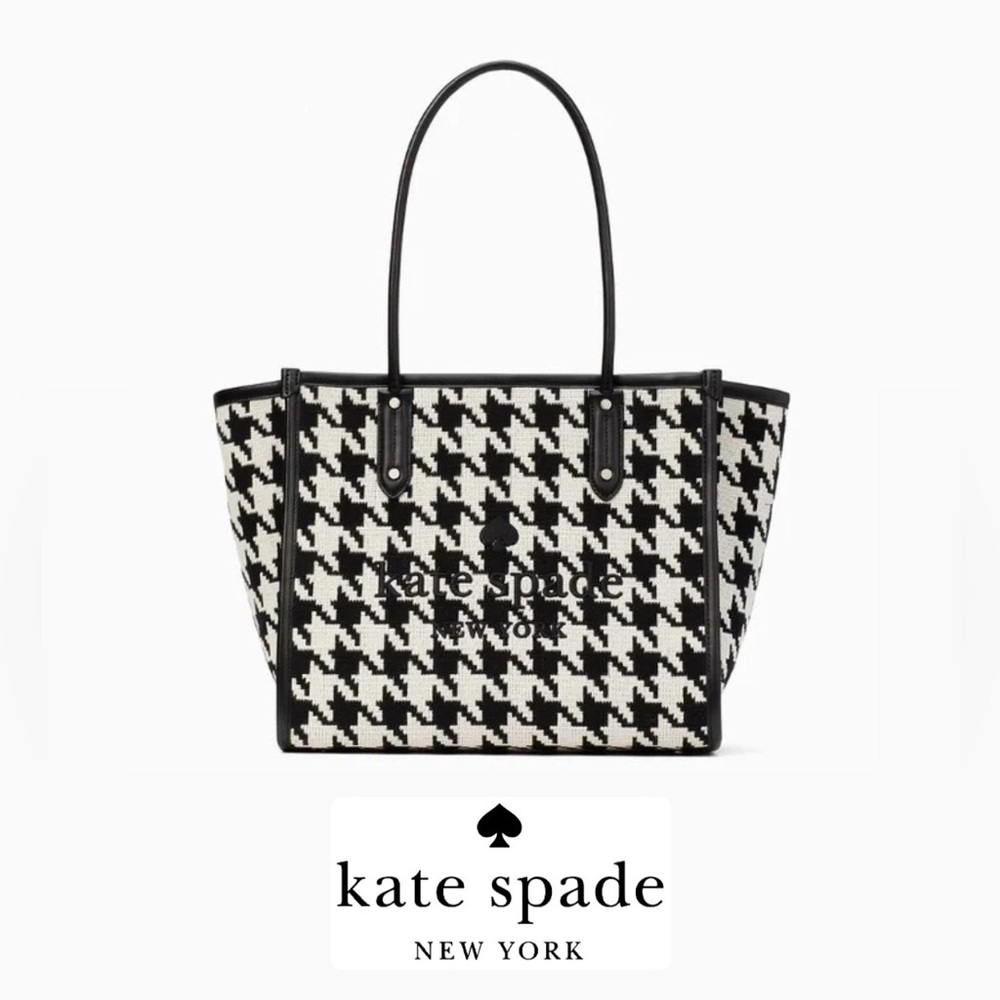 ⚡️SALE⚡️RARE Kate Spade Large Ella Houndstooth Jacquard Tweed Zippered Tote Bag